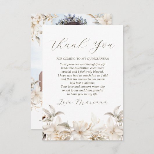 ホワイト金ゴールドシルバーウィンター花模様キンセアニラ サンキューカード (正面/裏面)