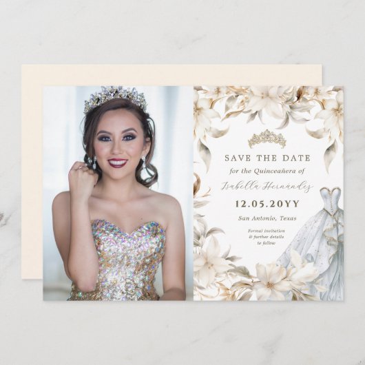 ホワイト金ゴールドシルバーウィンター花模様クインセアニラドレス セーブザデート (正面/裏面)