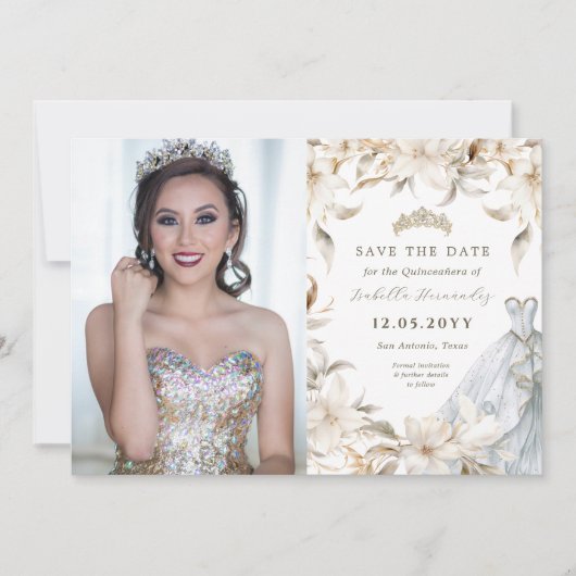 ホワイト金ゴールドシルバーウィンター花模様クインセアニラドレス セーブザデート (正面)