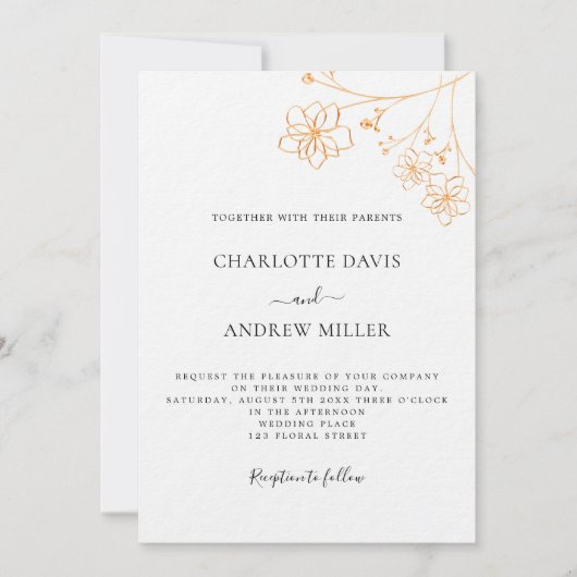 ホワイト金ゴールドシルバーエレガントフローラ結婚ラグジュアリー 招待状 (正面)