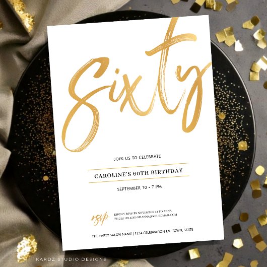ホワイト金ゴールドスクリプトシックス誕生日招待状 招待状
