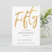 ホワイト金ゴールドスクリプトフィフティ誕生日招待状 招待状 (スタンド正面)