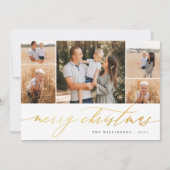 ホワイト金ゴールドスクリプト5フォトコラージメリークリスマス シーズンカード (正面)