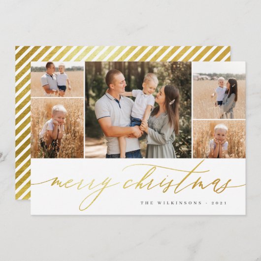 ホワイト金ゴールドスクリプト5フォトコラージメリークリスマス シーズンカード (正面/裏面)