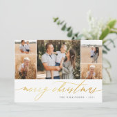 ホワイト金ゴールドスクリプト5フォトコラージメリークリスマス シーズンカード (スタンド正面)