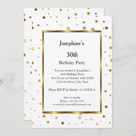 ホワイト金ゴールドスターズ50thバースデーパーティーへの招待 招待状 (正面/裏面)