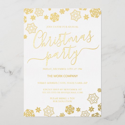 ホワイト金ゴールドスノーフレーク企業のクリスマスパーティー 箔招待状 (正面)