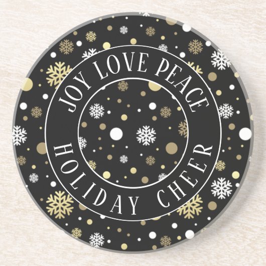 ホワイト金ゴールドスノーフレーク水玉模様オンブラック コースター (正面)