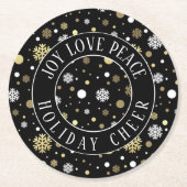 ホワイト金ゴールドスノーフレーク水玉模様オンブラック ラウンドペーパーコースター (正面)