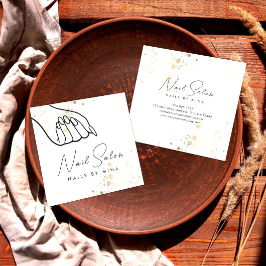 ホワイト金ゴールドスペックスハンドネイルサロン スクエア名刺