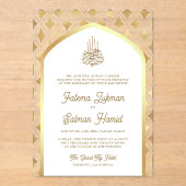 ホワイト金ゴールドダイアモンズアーチムスリム結婚ズ アクリル招待状 (正面)