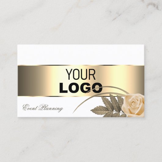ホワイト金ゴールドデカールと可愛いバラフラワー付きロゴ 名刺 (正面)