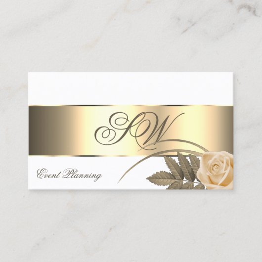 ホワイト金ゴールドデコールかわいいバラフラワーウィズモノグラム 名刺 (正面)