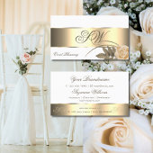 ホワイト金ゴールドデコールかわいいバラフラワーウィズモノグラム 名刺