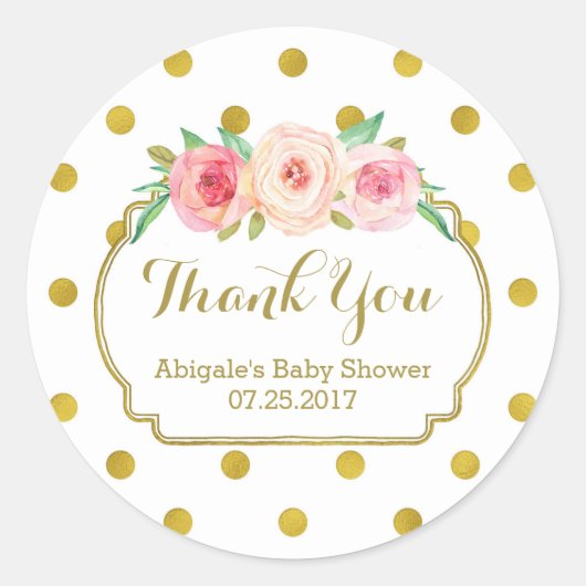 ホワイト金ゴールドドットフローラベビーシャワーメッセージカード ラウンドシール (正面)