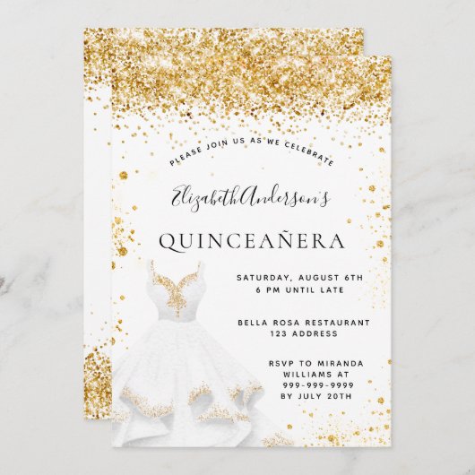 ホワイト金ゴールドドレスグリッターキンセアニェラ 招待状 (正面/裏面)