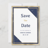 ホワイト金ゴールドネイビーブルーグリッターグラム日付を保存 招待状 (正面)