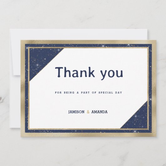 ホワイト金ゴールドネイビーブルーグリッタージオメトリックサンキュー 招待状 (正面)