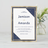 ホワイト金ゴールドネイビーブルーグリッター幾何結婚図形 招待状 (スタンド正面)