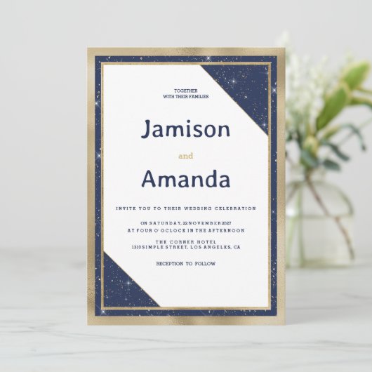ホワイト金ゴールドネイビーブルーグリッター幾何結婚図形 招待状 (スタンド正面)