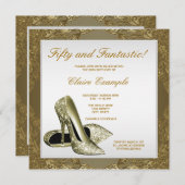 ホワイト金ゴールドハイヒール女性50誕生日 招待状 (正面/裏面)