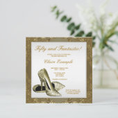 ホワイト金ゴールドハイヒール女性50誕生日 招待状 (スタンド正面)