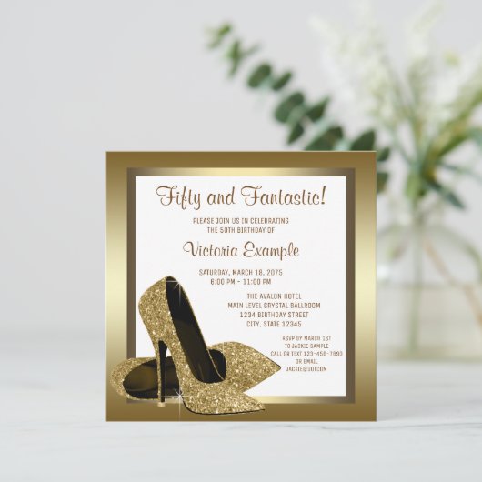 ホワイト金ゴールドハイヒール女性50th誕生日パーティー 招待状 (スタンド正面)