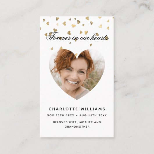 ホワイト金ゴールドハート写真葬式祈りの言葉カード 名刺 (正面)
