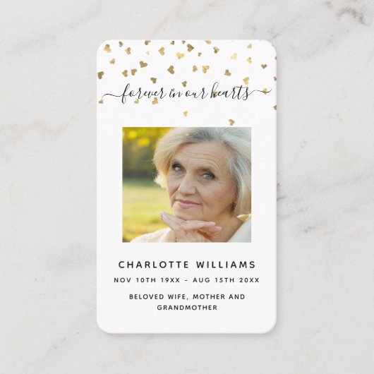 ホワイト金ゴールドハート写真葬式祈りの言葉カード 名刺 (正面)