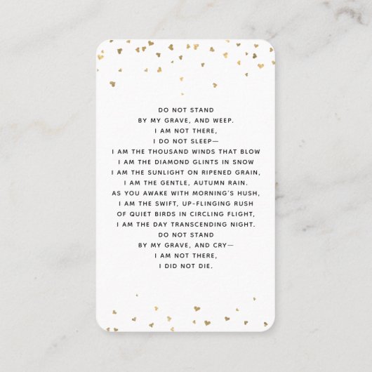 ホワイト金ゴールドハート写真葬式祈りの言葉カード 名刺 (裏面)