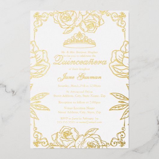 ホワイト金ゴールドバラガーデンキンセアニェラフォイル招待状 箔招待状 (正面)