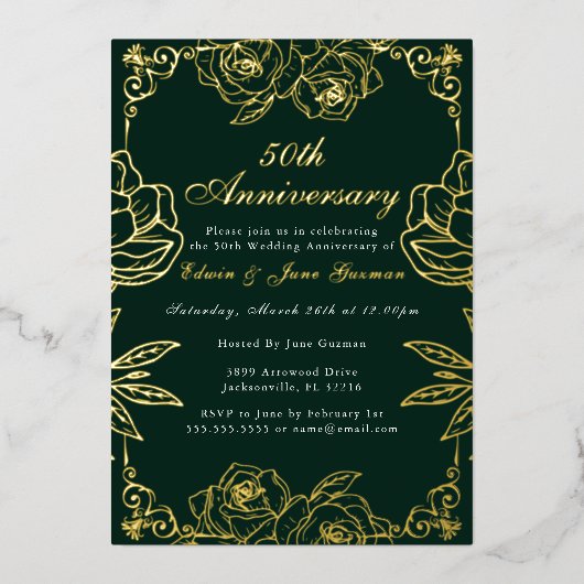ホワイト金ゴールドバラガーデン結婚50周年記念 箔招待状 (正面)