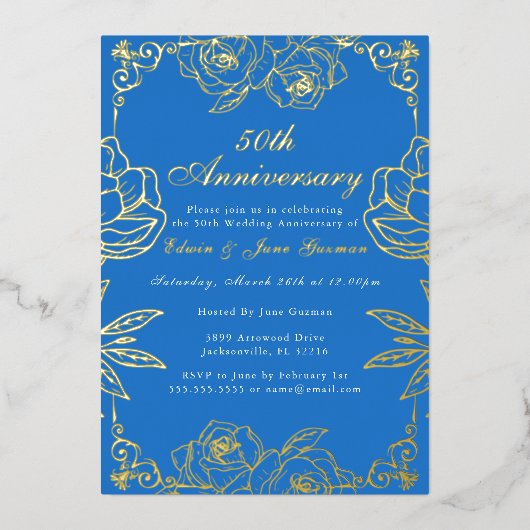 ホワイト金ゴールドバラガーデン結婚50周年記念 箔招待状 (正面)