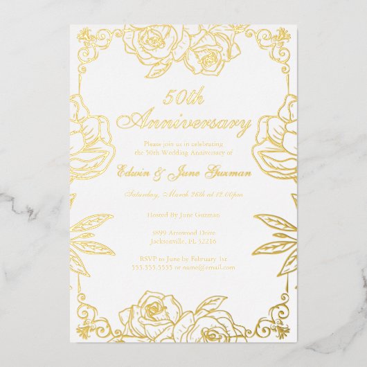 ホワイト金ゴールドバラガーデン結婚50周年記念 箔招待状 (正面)