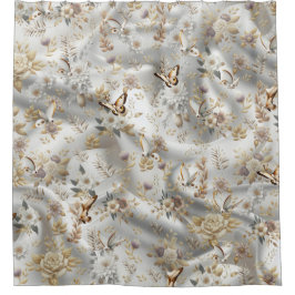 ホワイト金ゴールドバラシャンパンシルク&蝶 シャワーカーテン