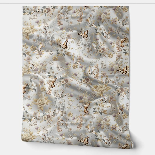 ホワイト金ゴールドバラシャンパンシルク&蝶 壁紙 (ほどく)