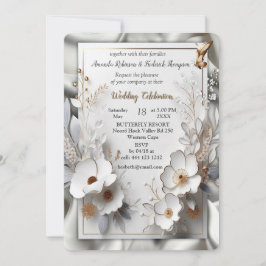 ホワイト金ゴールドバラシャンパンシルク&蝶 招待状