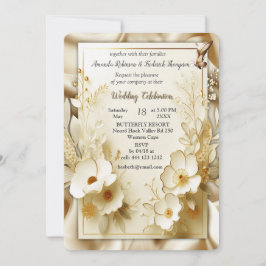 ホワイト金ゴールドバラシャンパンシルク&蝶 招待状