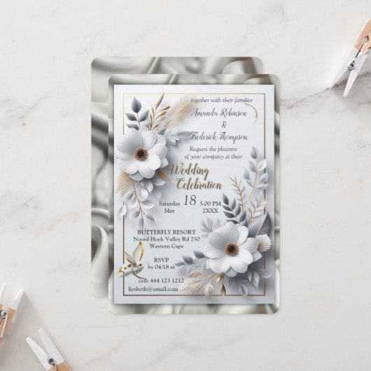 ホワイト金ゴールドバラシャンパンシルク&蝶 招待状 (正面/裏面インサイチュ)