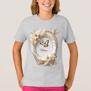 ホワイト金ゴールドバラシャンパンシルク&蝶 Tシャツ