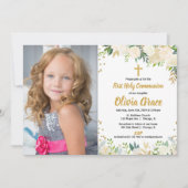 ホワイト金ゴールドバラフローラ第1回聖餐用写真 招待状 (正面)