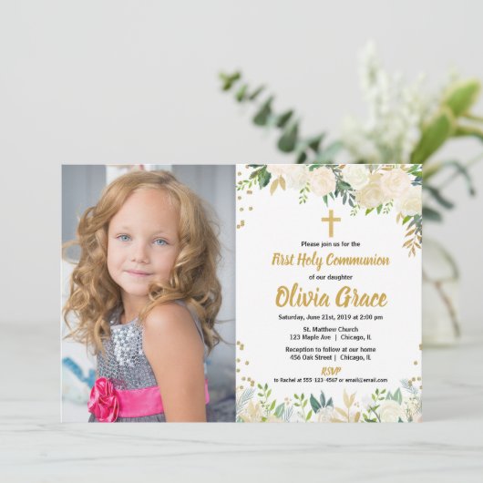 ホワイト金ゴールドバラフローラ第1回聖餐用写真 招待状 (スタンド正面)