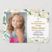 ホワイト金ゴールドバラフローラ第1回聖餐用写真 招待状 (正面/裏面)