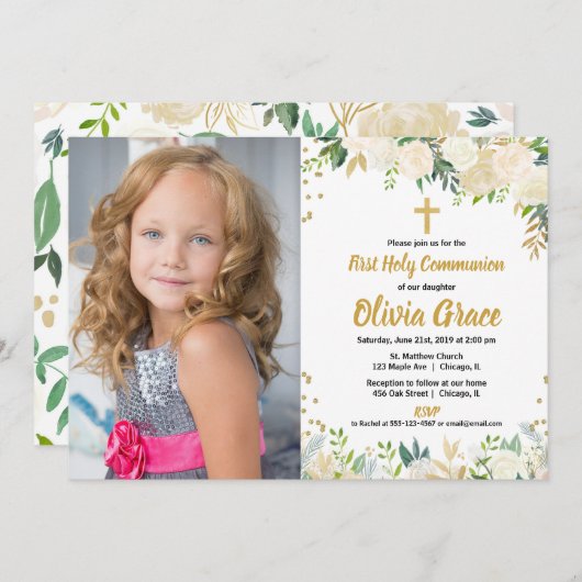 ホワイト金ゴールドバラフローラ第1回聖餐用写真 招待状 (正面/裏面)