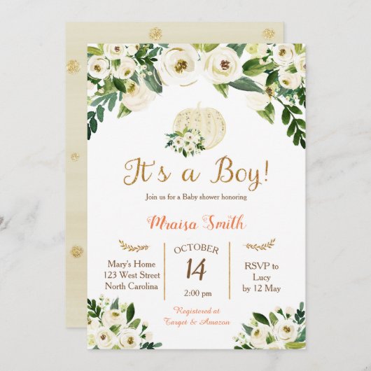 ホワイト金ゴールドパンプキンベビーシャワー招待状ボーイ 招待状 (正面/裏面)