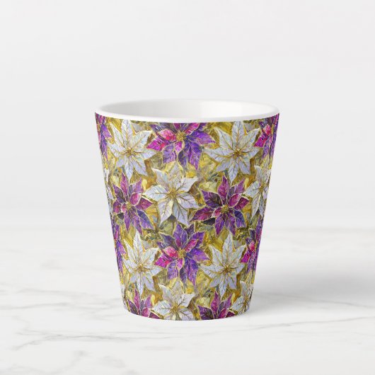 ホワイト金ゴールドパープルピンククリスマスポインセチア カフェラテマグ (正面)