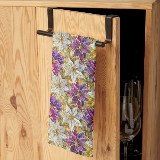 ホワイト金ゴールドパープルピンククリスマスポインセチア キッチンタオル (三つ折り)