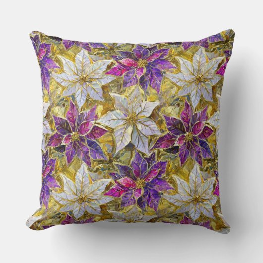 ホワイト金ゴールドパープルピンククリスマスポインセチア クッション (正面)