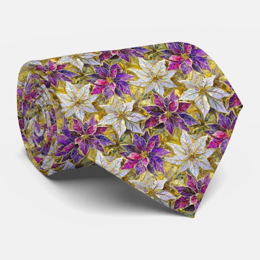 ホワイト金ゴールドパープルピンククリスマスポインセチア ネクタイ (ロール)