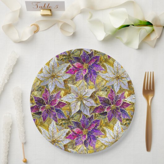ホワイト金ゴールドパープルピンククリスマスポインセチア ペーパープレート (ウェディング)